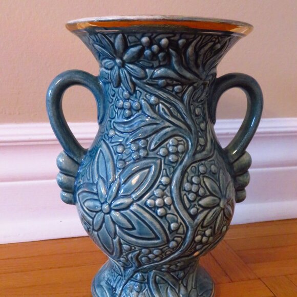 Vintage blue/gold H. Bequet Belgium quaregnon vase number 408, Mint Condition 50 - Picture 3 of 12